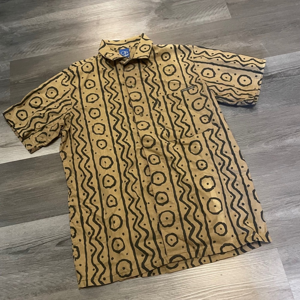 Vintage Ocean Pacific Mens Tribal Geometric Print Button Down Shirt Tan Black L